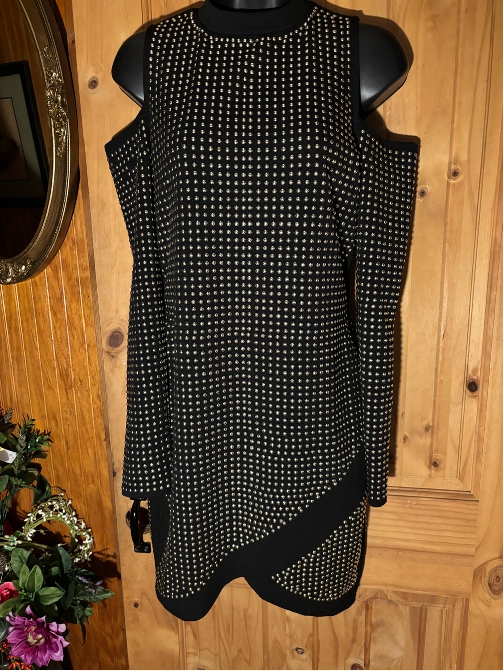 Banjul Black Cold-Shoulder Mini Dress with Metallic Studs